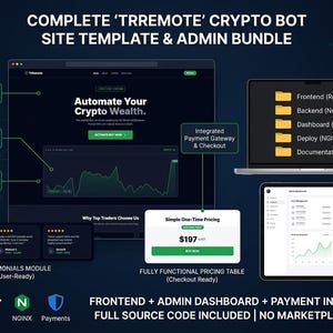 May include: A dark blue graphic advertising a crypto bot site template and admin bundle. The image features a laptop, tablet, and website interface designs. Text highlights features like React.js frontend, integrated payment gateway, and full source code.