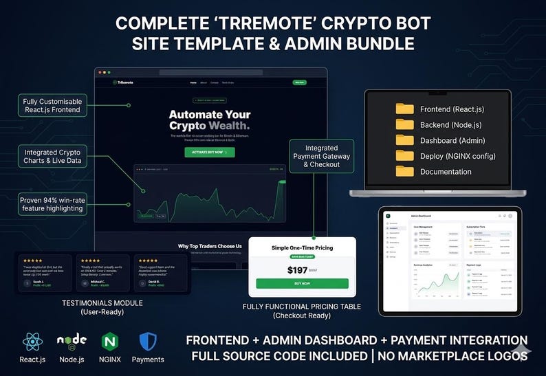 May include: A dark blue graphic advertising a crypto bot site template and admin bundle. The image features a laptop, tablet, and website interface designs. Text highlights features like React.js frontend, integrated payment gateway, and full source code.