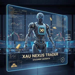 Puede incluir: Imagen futurista de un robot metálico frente a una pantalla transparente que muestra datos financieros y lingotes de oro. La pantalla tiene el texto "XAU NEXUS TRADER" y "MT5 EXPERT ADVISOR EA". El robot tiene un logotipo azul brillante.