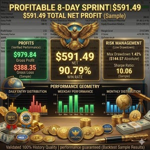 May include: A digital graphic with financial data, including profit and win rate percentages. The image features gold coins, stacks of cash, and a pen, with the text "PROFITABLE 8-DAY SPRINT" and "$591.49 TOTAL NET PROFIT".