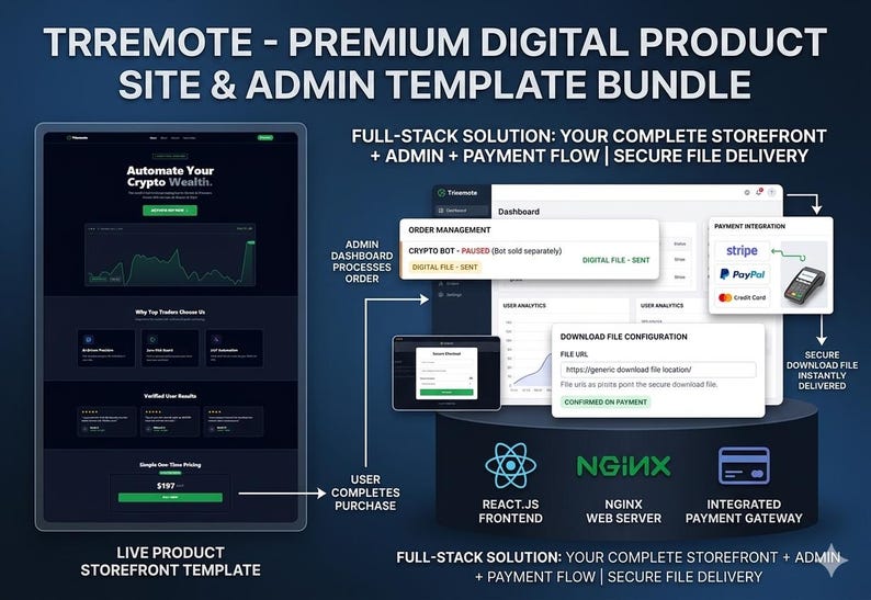 May include: A digital product site and admin template bundle, with the text "TRREMOTE". The image shows a website interface with charts and data, and also includes payment integration options. The bundle includes a live product storefront template.