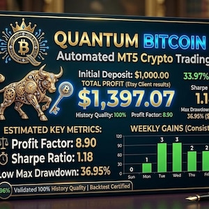 以下が含まれることがあります： 「QUANTUM BITCOIN EA」のテキストと、利益と利益率を含む財務データが表示されたデジタルグラフィック。金の雄牛とキーグラフィックが特徴です。ペンが表面に置かれています。