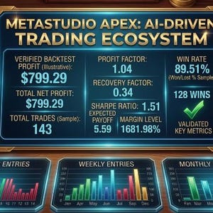 May include: A digital dashboard titled METASTUDIO APEX: AI-DRIVEN TRADING ECOSYSTEM displaying financial metrics including a profit of $799.29, a win rate of 89.51%, and three bar charts labeled HOURS ENTRIES, WEEKLY ENTRIES, and MONTHLY ENTRIES.