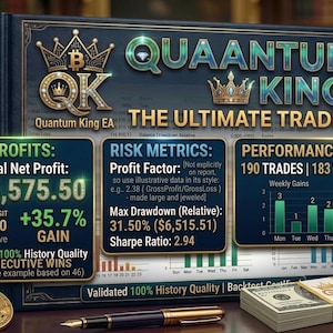 May include: An image showcasing a financial trading concept with the text "QUAANTUM KING EA THE ULTIMATE TRADING BOT." It displays profit metrics, performance data, and a stack of US dollar bills. A globe and telescope are in the background.