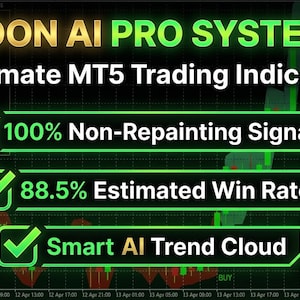May include: A digital graphic for the AAROON AI PRO SYSTEM V11 trading indicator. The text displays 100% Non-Repainting Signals, 88.5% Estimated Win Rate, and Smart AI Trend Cloud. The background features a dark financial candlestick chart.