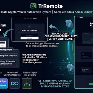 May include: A dark blue and green graphic promoting TrRemote, a crypto wealth automation system. The image highlights features like integrated order management, lifetime updates, and instant file delivery. Text includes "Automate Your Crypto Wealth" and a price of &pound;155.
