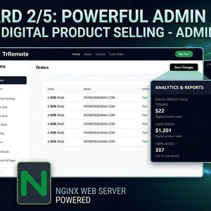 May include: A digital product selling admin dashboard interface with the text "Gallery Card 2/5: Powerful Admin Dashboard Theme for Digital Product Selling - Admin Interface." The interface displays orders, user management, live access logs, payment analytics, and system settings.