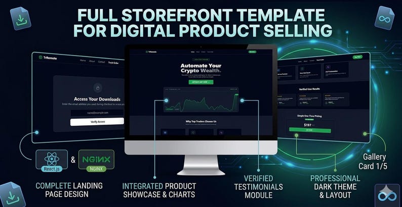 May include: A digital storefront template for selling digital products. The image shows a computer monitor displaying a website interface with the text "Automate Your Crypto Wealth." Additional screens showcase landing page design, product showcase, and testimonials.