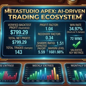 May include: A digital dashboard titled METASTUDIO APEX: AI-DRIVEN TRADING ECOSYSTEM displaying financial metrics including a profit of $799.29, a 34.97% win rate, and three bar charts labeled HOURS ENTRIES, WEEKLY ENTRIES, and MONTHLY ENTRIES.