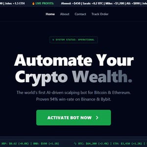 Könnte beinhalten: Eine dunkel gestaltete Website-Oberfläche für TrRemote mit dem Text Automate Your Crypto Wealth. Die Seite enthält einen grünen ACTIVATE BOT NOW-Button, Navigationslinks und einen Live-Gewinnticker, der verschiedene Kryptowährungsgewinne anzeigt.