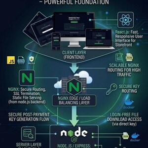May include: A diagram showing a tech stack and full-stack capability for digital product selling. It features frontend, backend, and database components, with labels like "React.js", "Node.js", and "Postgres/Mongo". The image has a dark background with blue and white text.