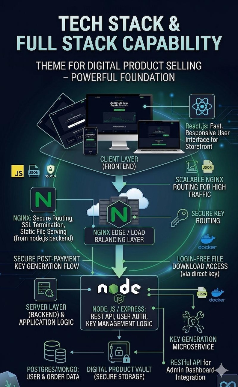 May include: A diagram showing a tech stack and full-stack capability for digital product selling. It features frontend, backend, and database components, with labels like "React.js", "Node.js", and "Postgres/Mongo". The image has a dark background with blue and white text.