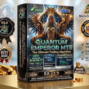 May include: A product box for Quantum Emperor MT5 EA V2.9, an ultimate trading algorithm. The box features a woman with a crown, gold accents, and the text "MetaTrader 5." Additional text includes "Best Seller" and "Award Winning."