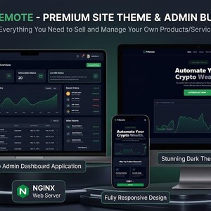 May include: An advertisement for TrRemote, a premium site theme and admin bundle. The image features a laptop, desktop monitor, and smartphone displaying a dark-themed interface with charts and data. Text highlights features like one-click theme customisation and integrated payment gateway support.