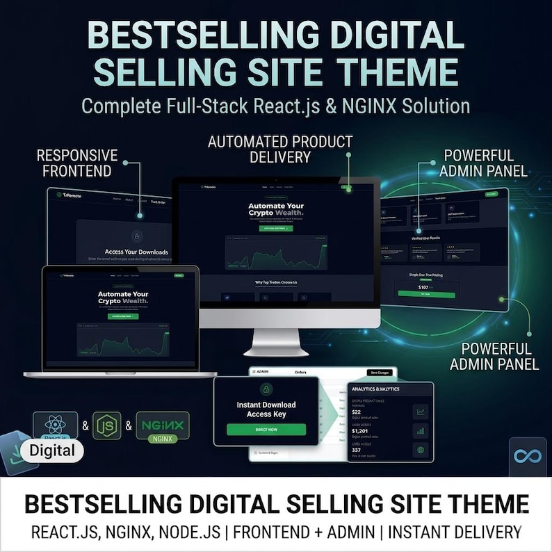 May include: A digital selling site theme graphic with the text "BESTSELLING DIGITAL SELLING SITE THEME". The image shows a laptop, tablet, and desktop computer screens displaying website interfaces. The theme includes a responsive frontend, automated product delivery, and a powerful admin panel.