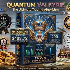 May include: An advertisement for Quantum Valkyrie, a trading algorithm, features a stylized illustration of a woman with wings and a crown. The image includes performance data, charts, and the text "EA v2.9 Quantum Valkyrie."