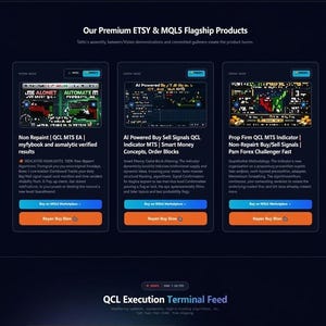 May include: A dark-themed webpage titled Advanced Terminal Feeds featuring software for trading. It displays three product cards with buy buttons, followed by a section for QCL Execution Terminal Feed showing a computer monitor with a red and green candlestick chart.