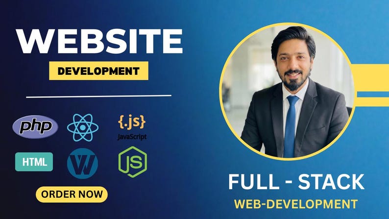 May include: An advertisement for website development services. The image shows the text "WEBSITE DEVELOPMENT" and "FULL - STACK WEB-DEVELOPMENT". Icons for PHP, HTML, JavaScript, and other technologies are displayed. A man in a suit is in a circular frame.