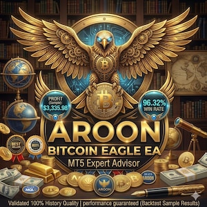 May include: A gold-colored graphic featuring a stylized eagle with outstretched wings, holding a Bitcoin coin. The text "AROON BITCOIN EAGLE EA MT5 Expert Advisor" is displayed below. Additional elements include globes, coins, and text indicating profit and win rate.