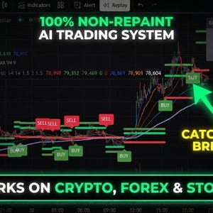 May include: A digital financial trading chart displaying price movements with overlaid green buy and red sell signal indicators. Text on the screen reads 100% NON-REPAINT AI TRADING SYSTEM, CATCH MASSIVE BREAKOUTS!, and WORKS ON CRYPTO, FOREX & STOCKS.