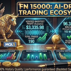 May include: An image promoting an AI-driven trading ecosystem, featuring a golden bull statue, charts, and financial data. The text includes "FN 15000" and "Verified Backtest Profit: $3,335.98". Bitcoin symbols and a pen are also visible.
