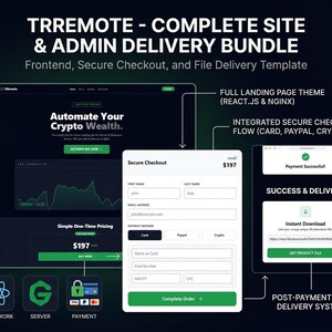 May include: An advertisement for a digital product bundle, labelled "TRREMOTE - COMPLETE SITE & ADMIN DELIVERY BUNDLE". The image displays a website interface, a secure checkout form, and a success and delivery screen. The bundle includes a full landing page theme, secure checkout, and file delivery.