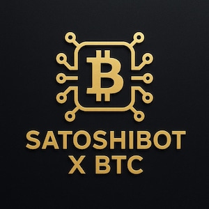 Puede incluir: Logotipo dorado sobre fondo negro. El logotipo presenta un símbolo de Bitcoin dentro de un cuadrado con extensiones tipo circuito. Debajo, el texto "SATOSHIBOT X BTC" es dorado.