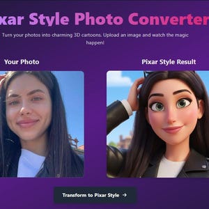 May include: A webpage promoting a "Pixar Style Photo Converter." The page features a before-and-after comparison of a photo and its cartoon-style transformation. The text reads "Turn your photos into charming 3D cartoons. Upload an image and watch the magic happen!"