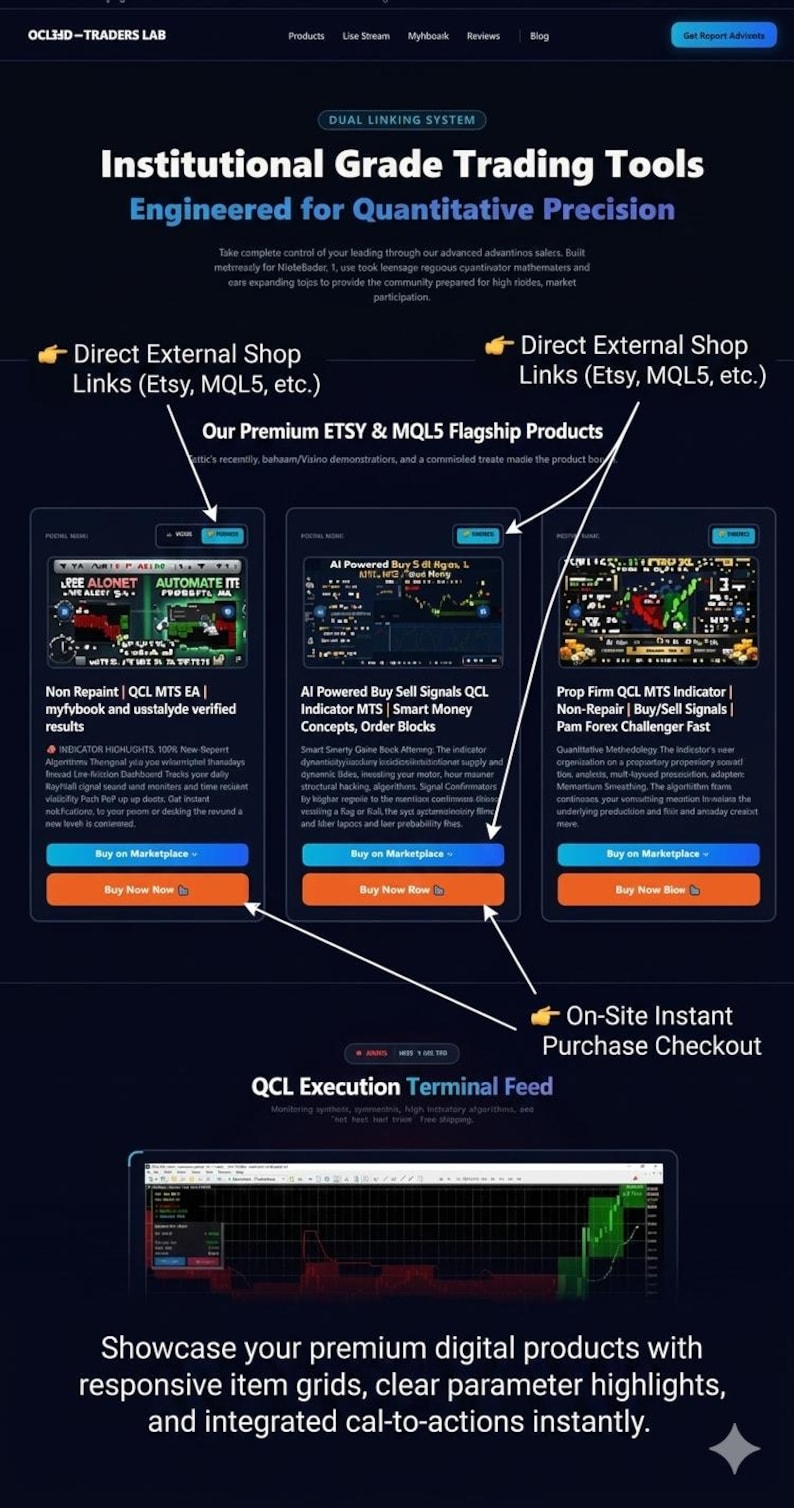 May include: A dark-themed webpage titled Traders Lab featuring institutional grade trading tools. The layout displays three product cards with buy buttons, technical charts, and descriptive text, followed by a QCL execution terminal feed.