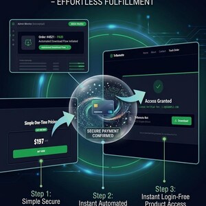 May include: Infographic detailing a digital product delivery flow, themed for digital product selling and effortless fulfillment. Steps include simple secure checkout, instant automated payment verification, and instant login-free product access.