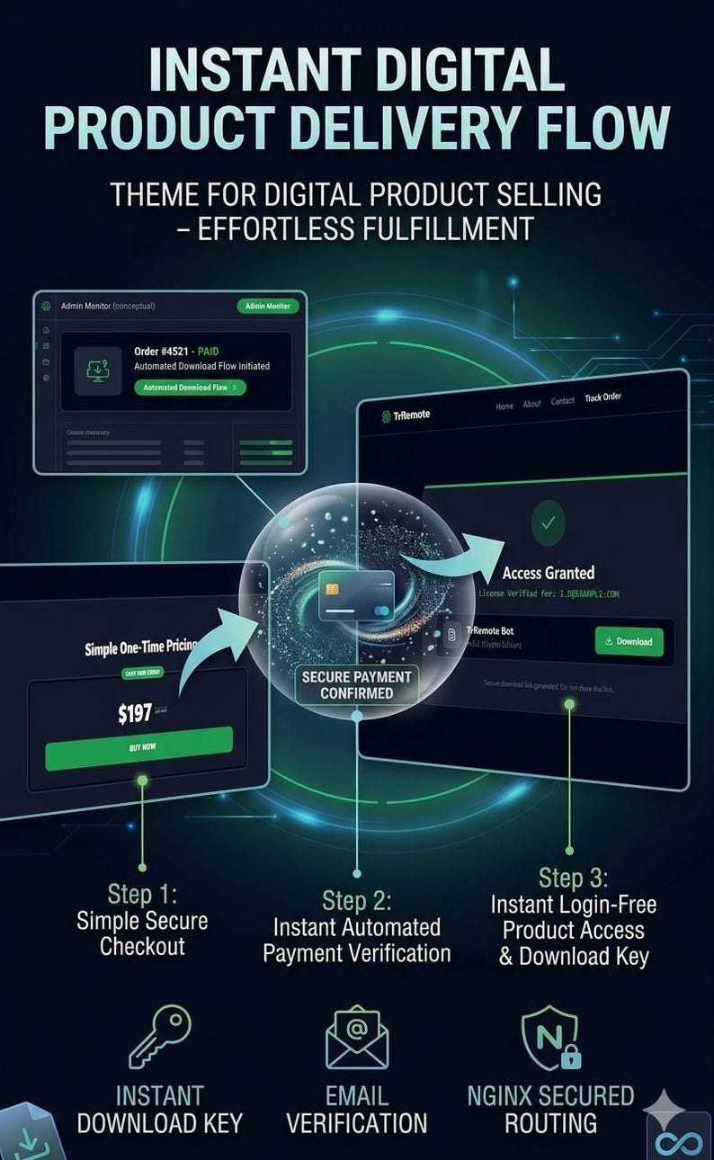May include: Infographic detailing a digital product delivery flow, themed for digital product selling and effortless fulfillment. Steps include simple secure checkout, instant automated payment verification, and instant login-free product access.