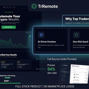 May include: A dark website interface for "TrRemote" with the text "Automate Your Crypto Wealth." The design showcases features such as AI-driven precision, zero-risk guard, and 24/7 automation. The interface includes charts and user interface mockups.