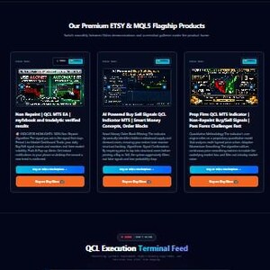 May include: A dark-themed webpage for Traders Lab displaying institutional grade trading tools, including three product cards for algorithmic trading software and a large terminal feed chart showing red and green market data trends.
