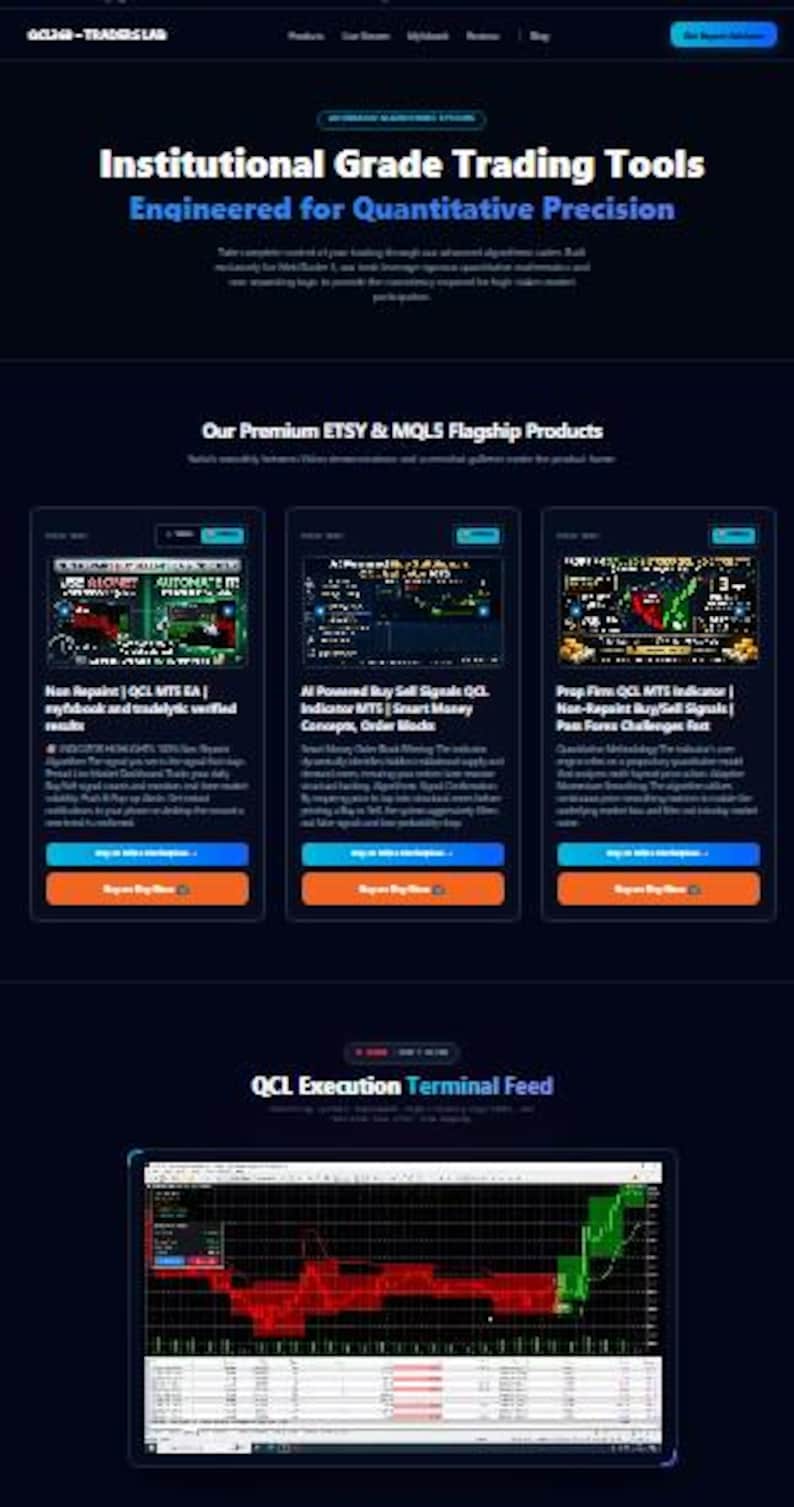 May include: A dark-themed webpage for Traders Lab displaying institutional grade trading tools, including three product cards for algorithmic trading software and a large terminal feed chart showing red and green market data trends.