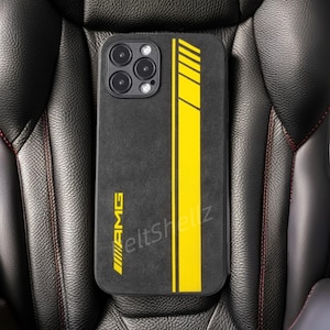 Étui pour portable en cuir Alcantara® fait main inspiré de Mercedes AMG | Étui intérieur en matériau pour voiture de sport pour iPhone 16 Pro Max 15 13 mini 12 11 SE X