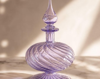 Hand Blown Purple Glass Perfume Bottle – Swirled Lavender Decorative Fragrance Decanter
