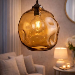 May include: Amber-colored glass pendant light with a unique, organic shape. The light fixture hangs from a black cord and features a visible Edison-style bulb. The warm glow of the bulb illuminates the room, creating a cozy atmosphere. The light fixture is a decorative element.