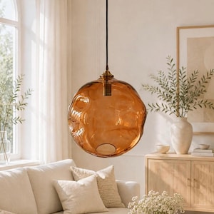 Handblown Glass Pendant Light – Modern Sculptural Amber Ceiling Fixture – Blown glass hanging lamp
