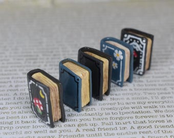 May include: A row of miniature, hand-painted books with detailed covers. The books feature various designs, including floral patterns, a mushroom, and abstract shapes. The spines are a light tan color, and the covers are primarily blue and black.