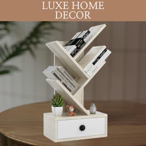 5 Tier Tree Bookshelf with Drawer, Desktop Bookshelf, Corner Bookcase, Wood Display Rack, Wooden Book Shelf | Matching Items: 12