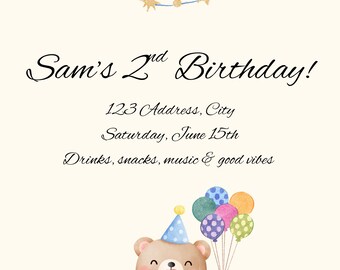 Convite para Festa de Aniversário Infantil – Tema Urso e Balões | Modelo Editável do Canva