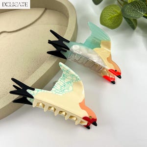 May include: Two bird-shaped hair clips. The clips feature a colorful design with black, red, cream, and teal accents. The word "DELICATE" is in the top left corner. These decorative hair accessories are designed to hold hair in place.