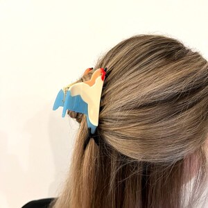 May include: A colorful hair clip in the shape of a bird, featuring shades of blue, cream, orange, and red. The clip is attached to light brown hair. The word "DELICATE" is printed in white at the top left.