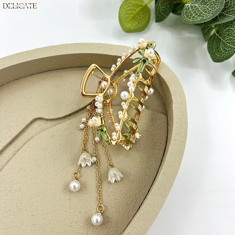 Flower Hair Clip, White Lily Of The Valley Hair Claw, Floral Pearl Hair Clip With Tassel, Gold Metal Hair Clip, Wedding Hair Clip