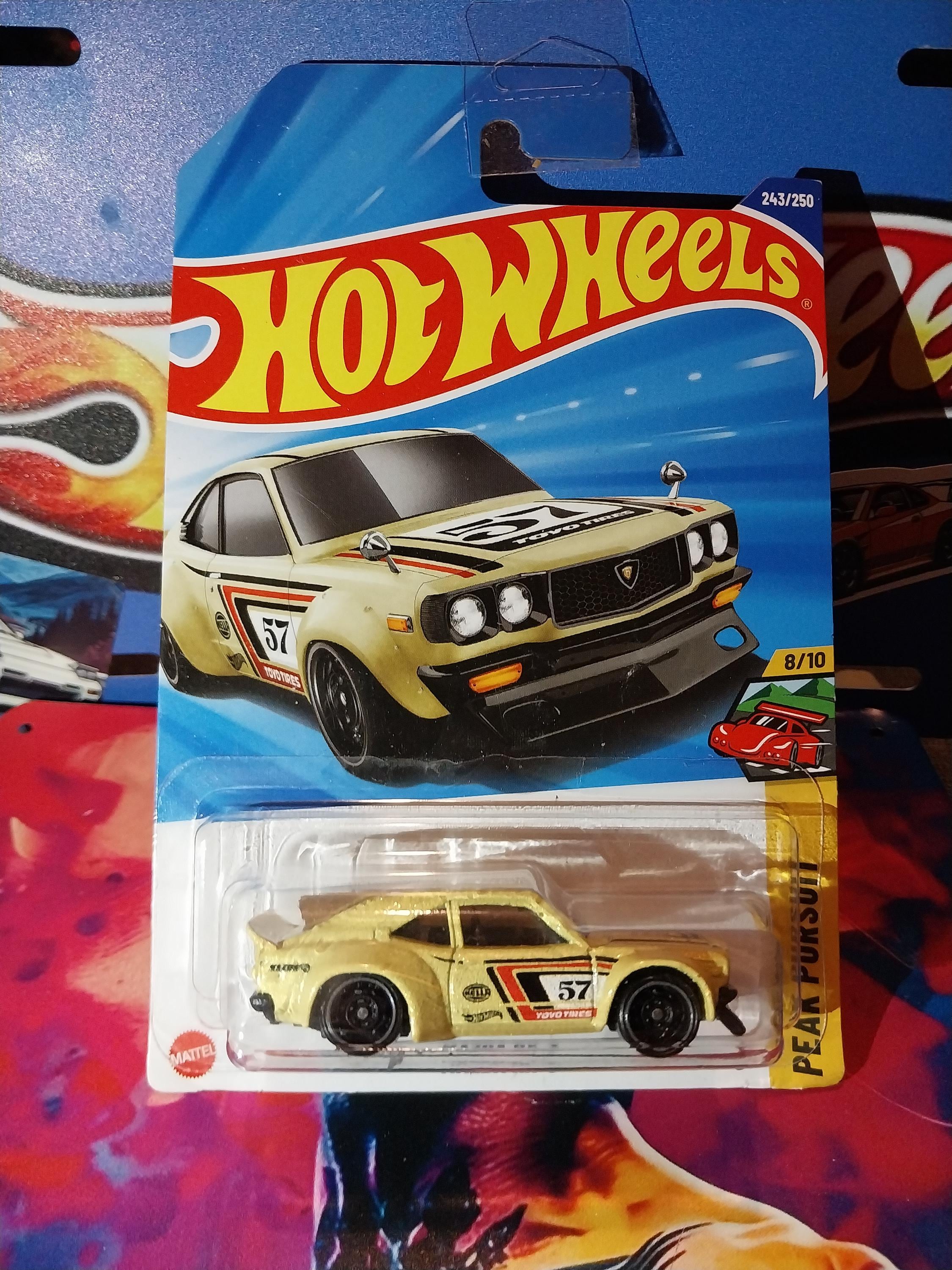 Hotwheels Gold Mazda RX-3 From Peak Pursuit Sub Series Long Card