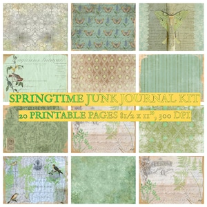 May include: A digital printable junk journal kit with 20 pages featuring a variety of spring-themed designs. The pages are 8.5 inches by 11 inches and have a resolution of 300 DPI.