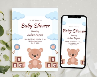 Blue Teddy Bear Baby Shower Invitation: Editable Template (Digital Download)