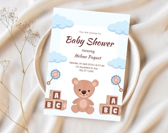 Boy Baby Shower Invitation Blue Baby Boy Shower Template Blue Teddy Bear Invite Editable Digital Baby Shower Printable Instant Download