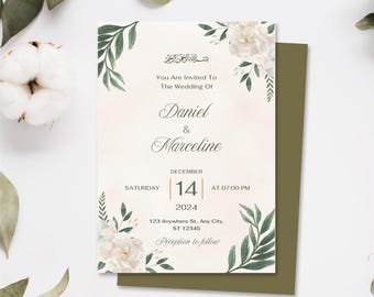 May include: A wedding invitation with a white floral design and green leaves. The invitation is for Daniel and Marceline, and the wedding is scheduled for December 14, 2024 at 7:00 PM. The address is 123 Anywhere St., Any City, ST 12345. The invitation includes the text "Reception to follow."