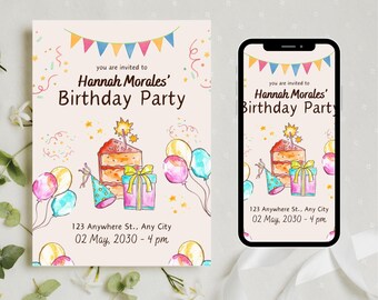 Kids Birthday Party Invitation Editable Birthday Invite Simple Birthday Template Minimalist Invitation Boys and Girls Customizable Invite